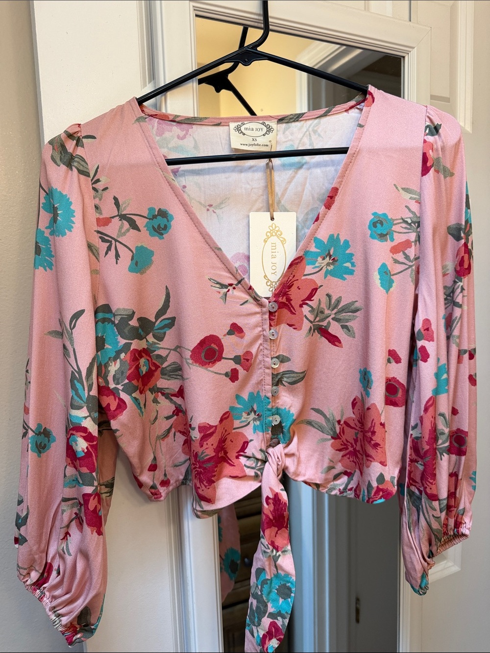 Mia Joy Pink Floral Tie-Front Blouse